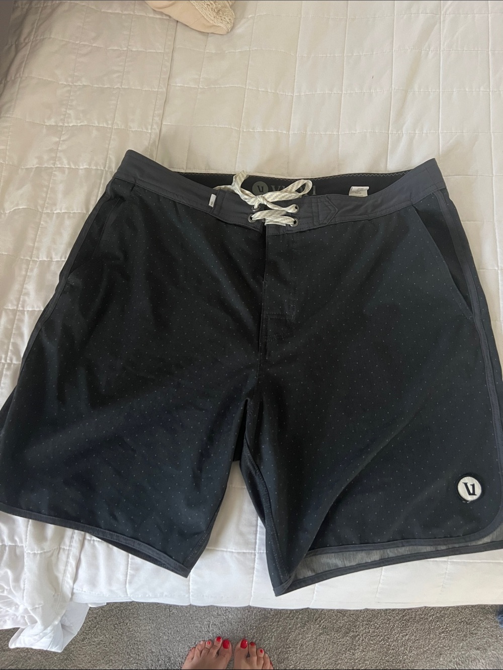 Vuori Black Men’s Swim Board Shorts with White Lace